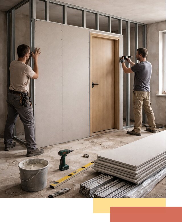 Перегородка из гипсокартона с дверью под ключ в Фурманове