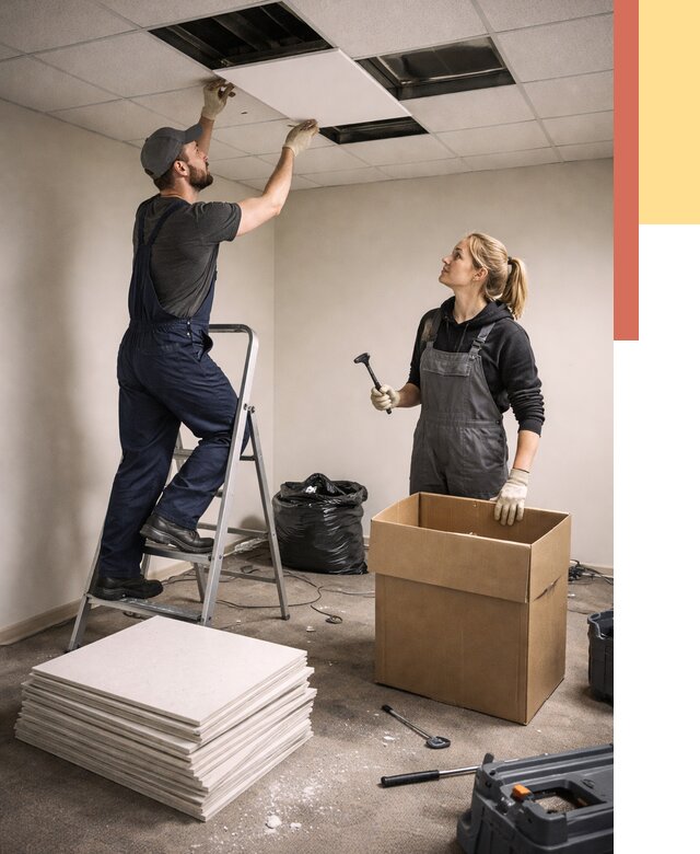 Демонтаж потолочной плитки в Фурманове от 4585 руб. быстро и недорого | ОТДЕЛОЧНИК-Фрв