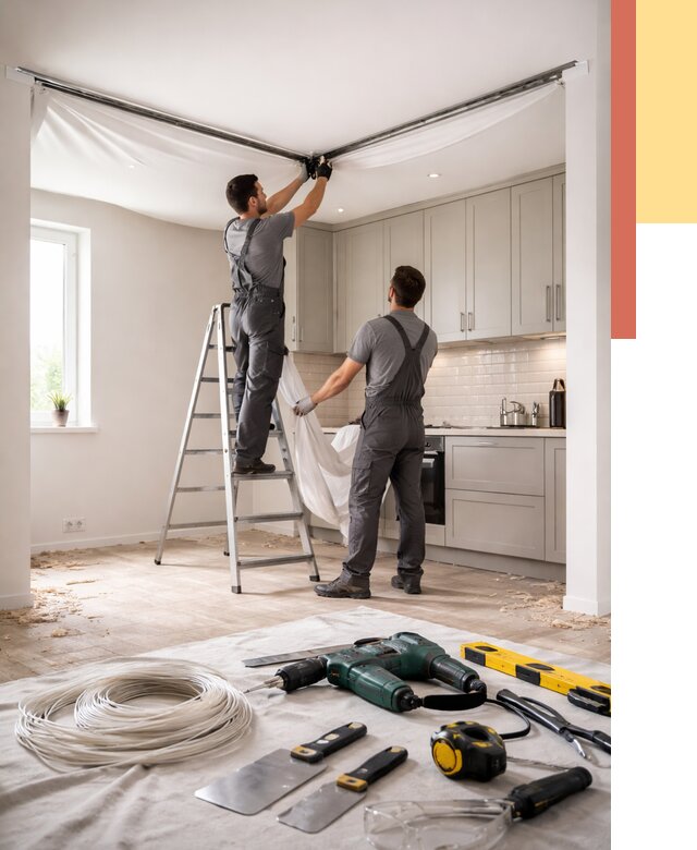 Установка натяжного потолка на кухне в Фурманове от 2445 руб. | ОТДЕЛОЧНИК-Фрв