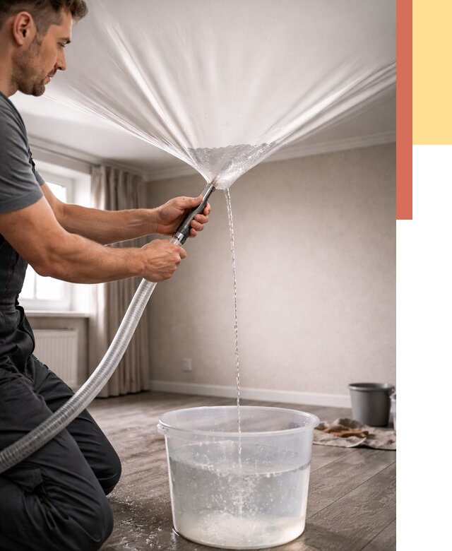 Слив воды с натяжного потолка в Фурманове от 2547 руб. быстро и недорого | ОТДЕЛОЧНИК-Фрв