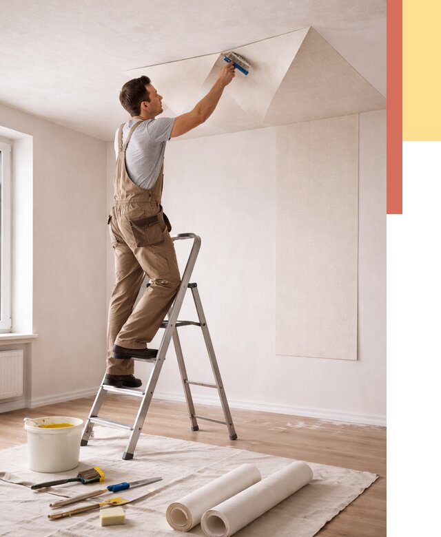 Поклейка обоев на потолок в Фурманове от 4585 руб. быстро и недорого | ОТДЕЛОЧНИК-Фрв